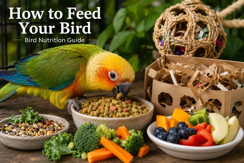 Healthy companion bird eating a balanced pellet-based diet with fresh vegetables