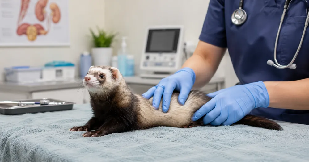 Healthy ferret receiving veterinary care in a clean exotic animal clinic setting