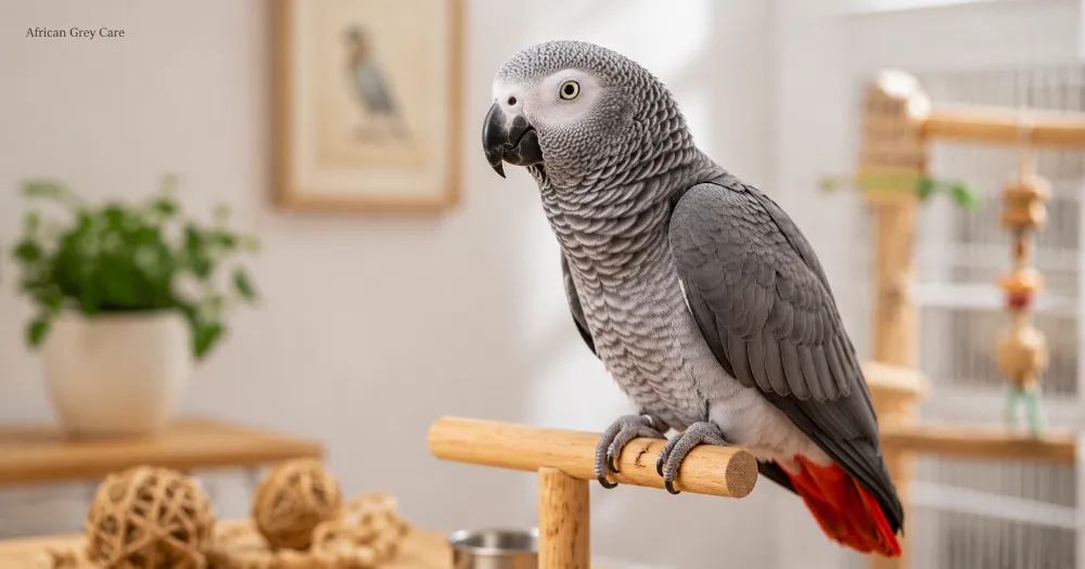 Healthy African Grey parrot perched in a clean indoor avian habitat