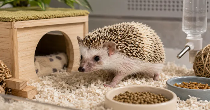Healthy African hedgehog exploring a clean enclosure with soft bedding and a hide box.