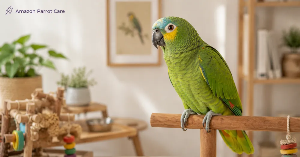 Healthy Amazon parrot perched in a clean indoor avian habitat