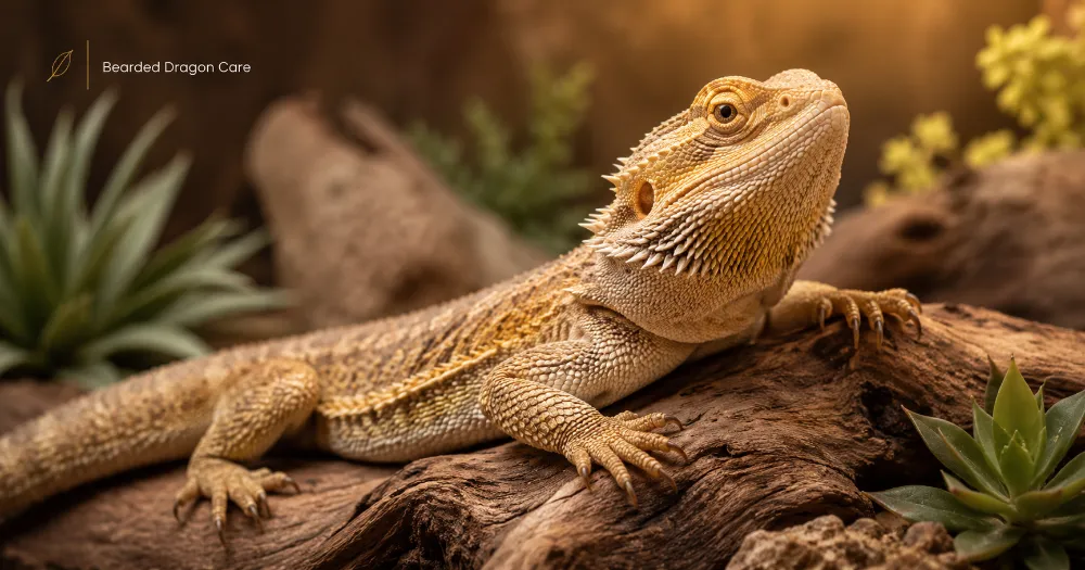 Healthy bearded dragon resting on a branch in a clean warm reptile habitat