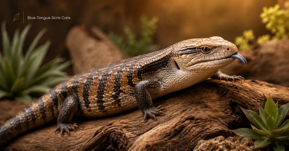 Healthy blue-tongued skink resting in a clean natural reptile habitat