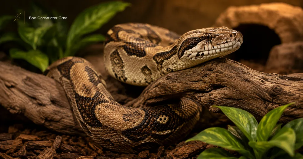 Healthy boa constrictor resting in a clean natural reptile enclosure