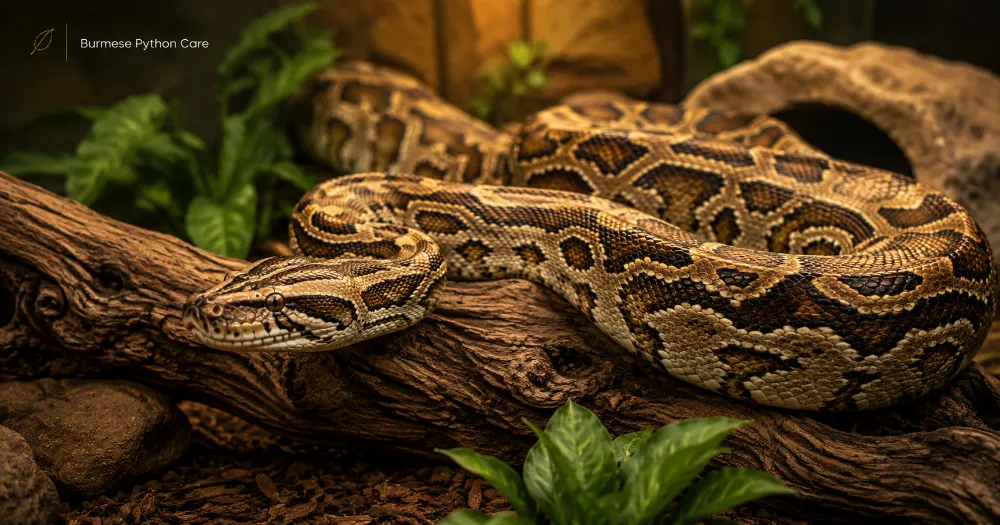 Healthy Burmese python resting in a clean natural reptile enclosure