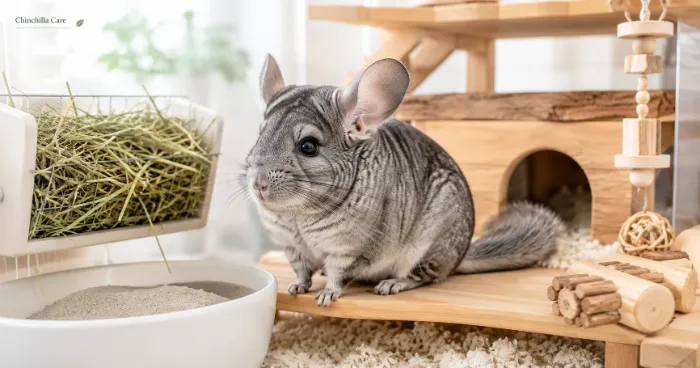 Healthy chinchilla sitting on a wooden platform inside a clean multi-level enclosure with Timothy hay.