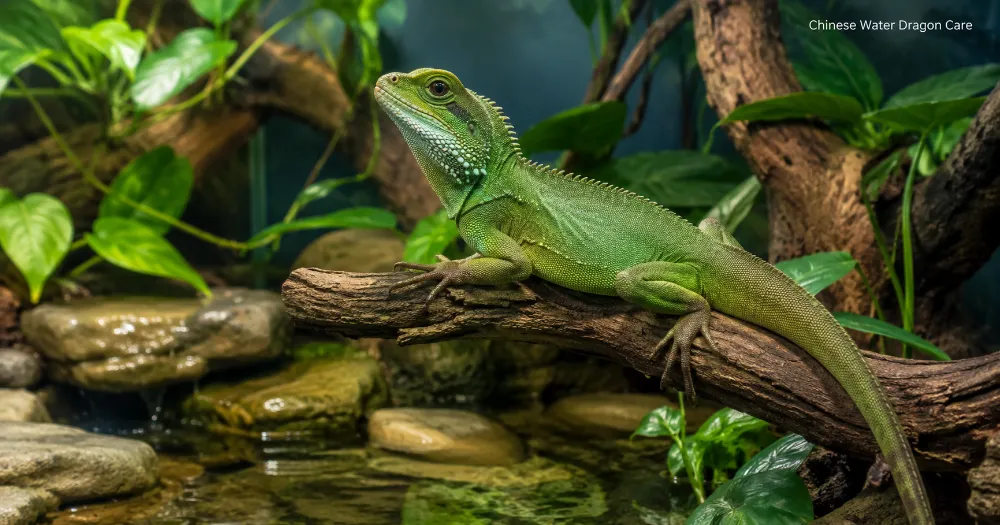 Healthy Chinese water dragon resting on a branch in a clean humid reptile habitat