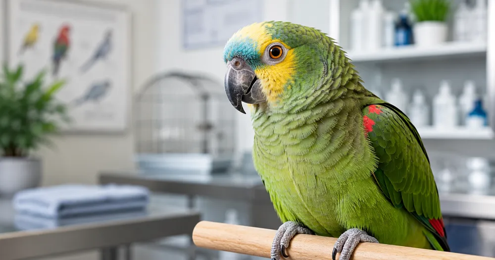 Pet parrot in a clean veterinary setting representing bird health and chlamydiosis awareness