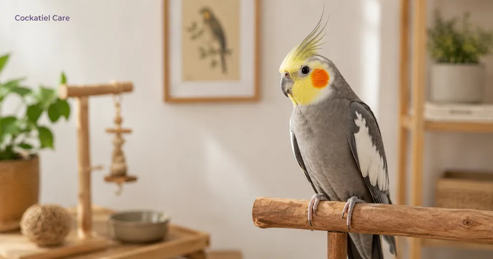 Healthy cockatiel perched in a clean indoor bird habitat