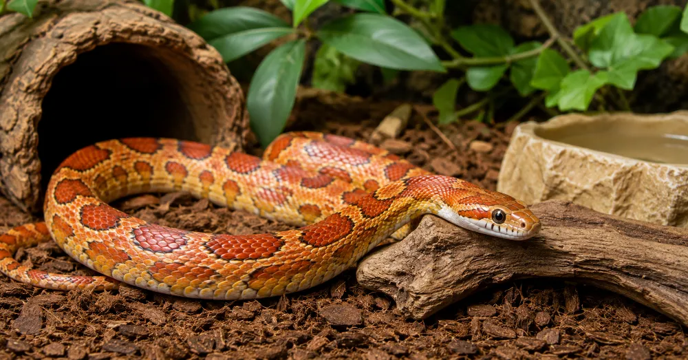 Healthy corn snake resting in a clean natural reptile enclosure