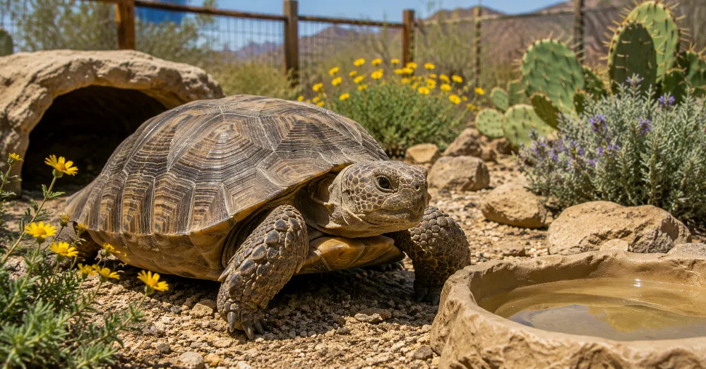 Healthy desert tortoise walking in a clean natural desert habitat