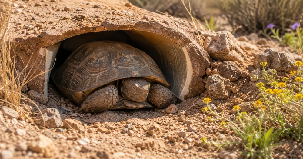 Healthy desert tortoise near a safe natural burrow in a clean desert habitat