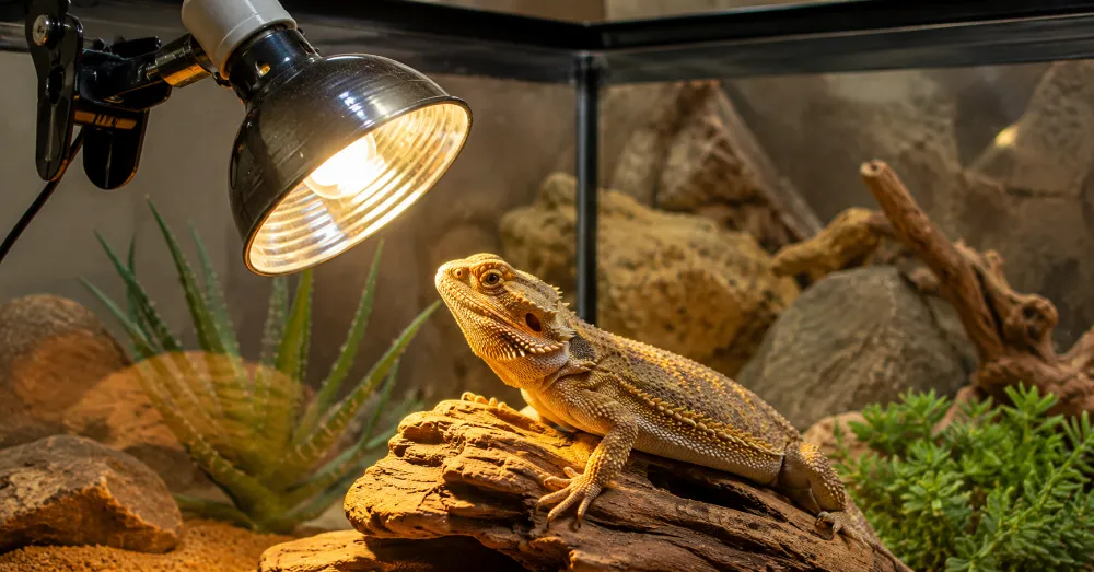 Reptile basking under a safe UV heat lamp in a clean terrarium