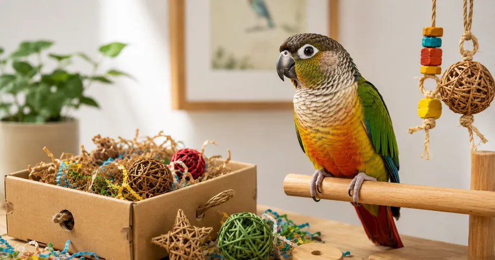 Companion bird with healthy feathers near enrichment toys in a clean indoor setting