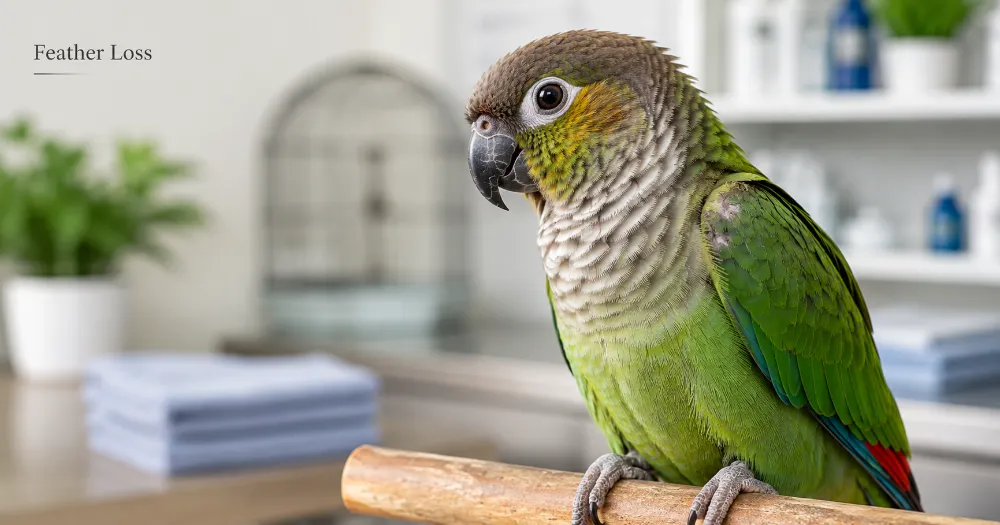 Pet bird with healthy feathers in a clean veterinary setting representing feather loss care