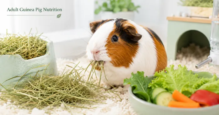 Healthy adult guinea pig eating fresh Timothy hay with leafy greens inside a clean enclosure.