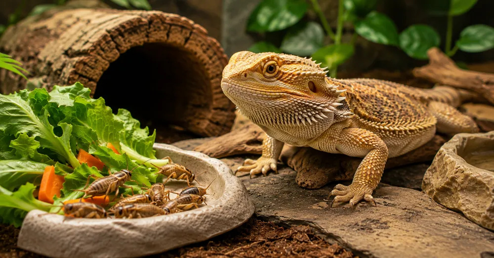 Healthy insectivorous reptile near gut-loaded crickets in a clean reptile habitat
