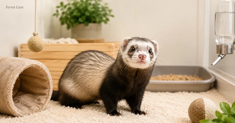 Healthy ferret in a clean indoor habitat with soft natural lighting