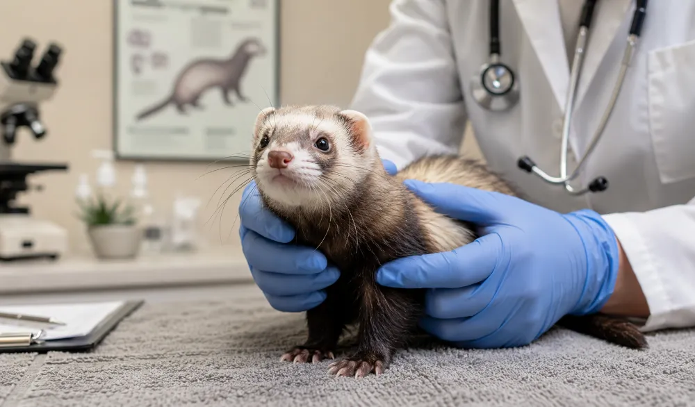 Healthy ferret receiving veterinary care in a clean exotic animal clinic