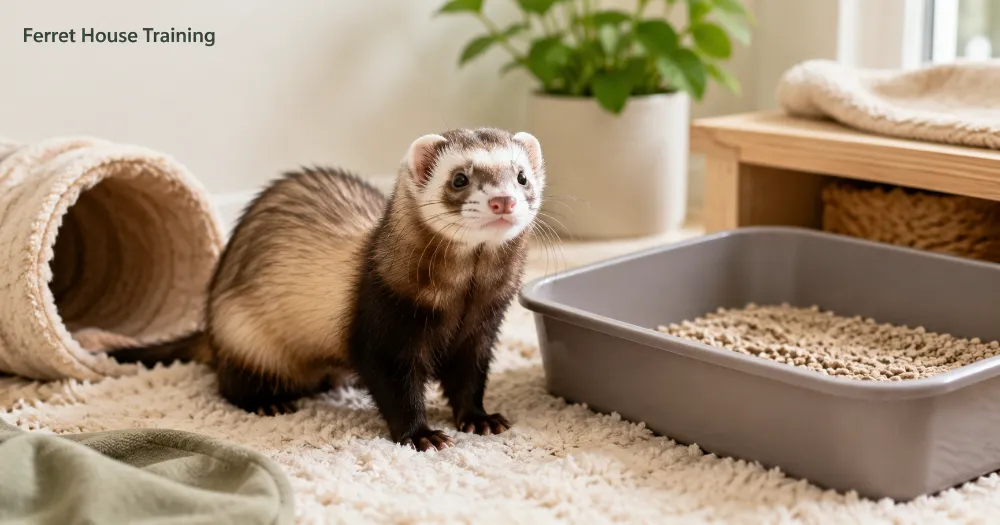 Healthy ferret near a clean litter box in a safe indoor habitat