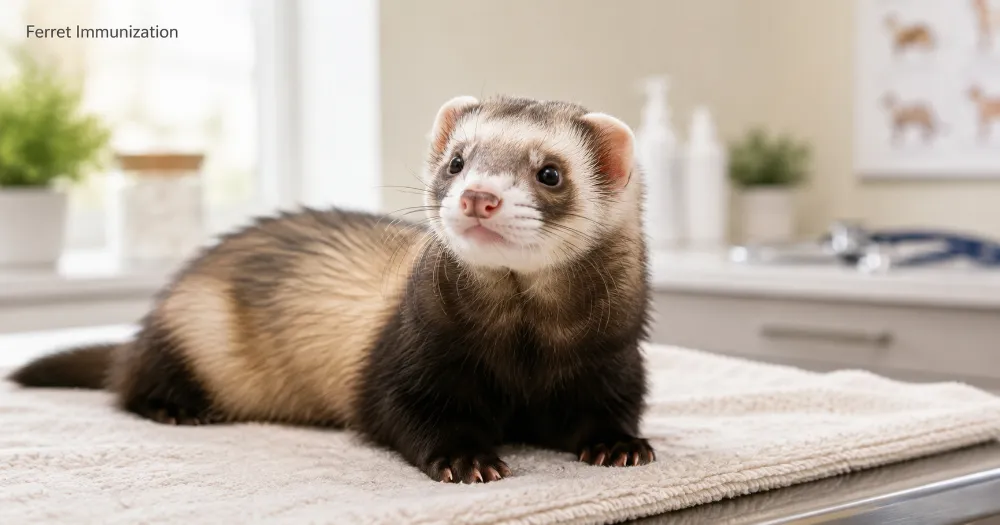 Healthy ferret in a clean veterinary setting for preventive care and immunizations