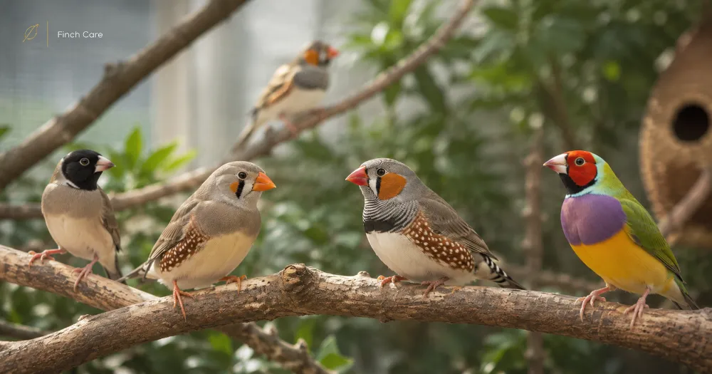 Healthy finches perched on natural branches inside a clean aviary
