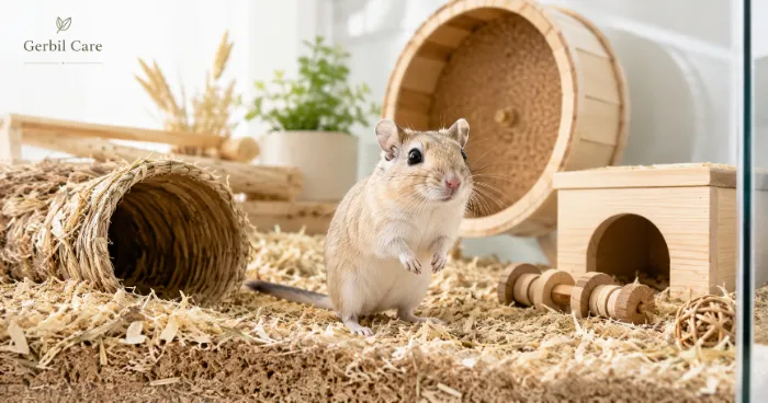 Healthy Mongolian gerbil exploring a clean natural habitat with tunnels and deep bedding.