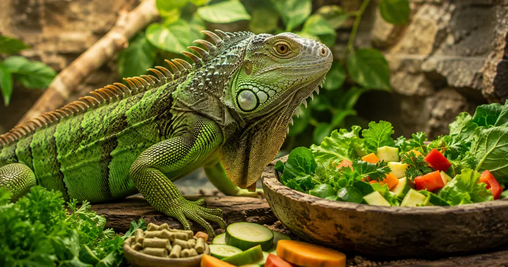 Healthy green iguana near fresh leafy greens and vegetables in a clean reptile habitat