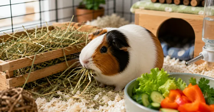 Healthy guinea pig eating fresh Timothy hay inside a clean, spacious enclosure.