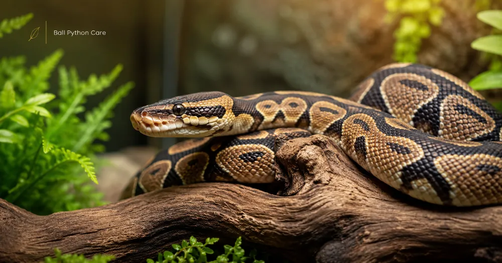 Healthy ball python resting on a branch in a clean natural reptile habitat
