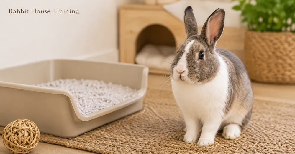 Healthy rabbit near a clean litter box in a safe indoor rabbit habitat