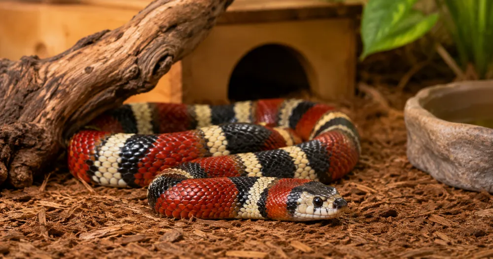Healthy kingsnake or milksnake resting in a clean natural reptile enclosure