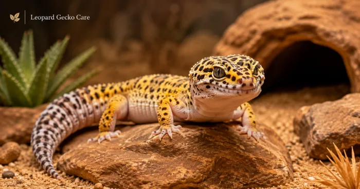 Healthy leopard gecko resting on a natural rock in a clean desert-style reptile habitat