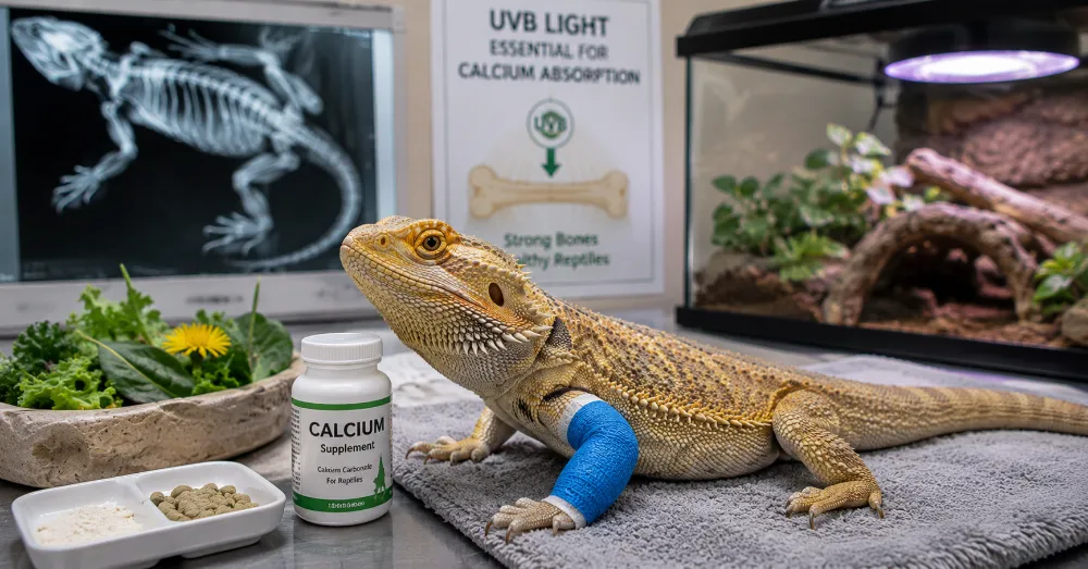 Reptile receiving veterinary care for metabolic bone disease in a clean exotic animal clinic