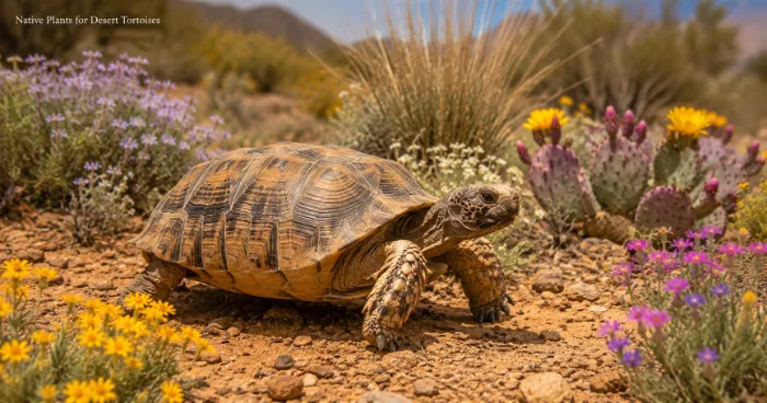 Desert tortoise walking among native Mojave Desert wildflowers and grasses