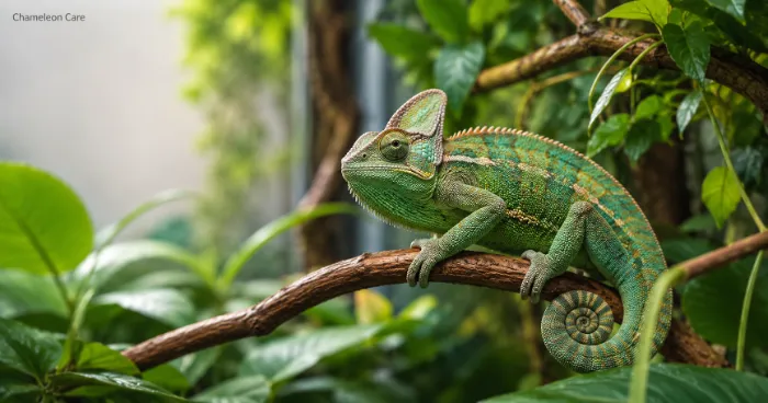Healthy Old World chameleon resting on a natural branch in a clean planted enclosure