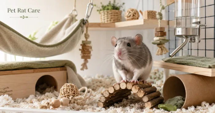 Healthy pet rat exploring a clean multi-level enclosure with enrichment toys and soft bedding.