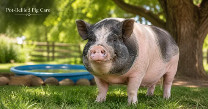 Healthy pot-bellied pig standing outdoors on green grass in a clean, shaded environment.