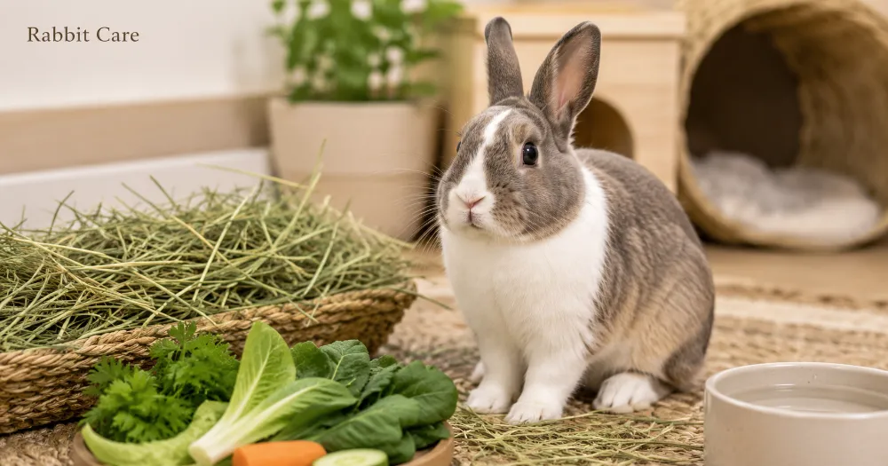 Healthy rabbit sitting in a clean indoor habitat with fresh hay and leafy greens