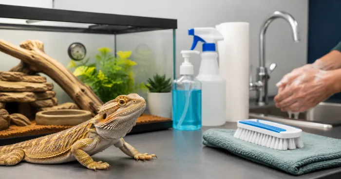 Reptile beside a clean enclosure with handwashing and hygiene supplies for Salmonella prevention