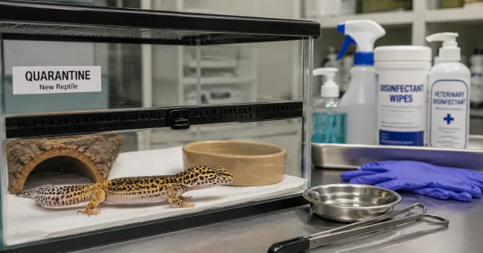 Healthy reptile in a clean quarantine enclosure with veterinary sanitation supplies nearby