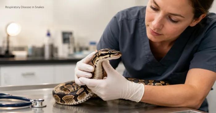 Veterinarian examining a snake for signs of respiratory disease in a clean exotic-animal clinic