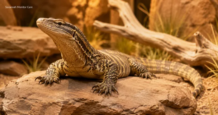 Healthy Savannah monitor basking inside a natural desert-style reptile enclosure.
