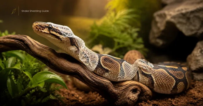Healthy snake shedding its skin naturally on a branch inside a clean reptile enclosure.
