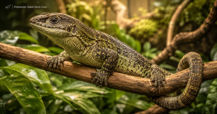 Healthy Solomon Island Prehensile-Tailed Skink climbing a tree branch inside a natural rainforest-style enclosure.