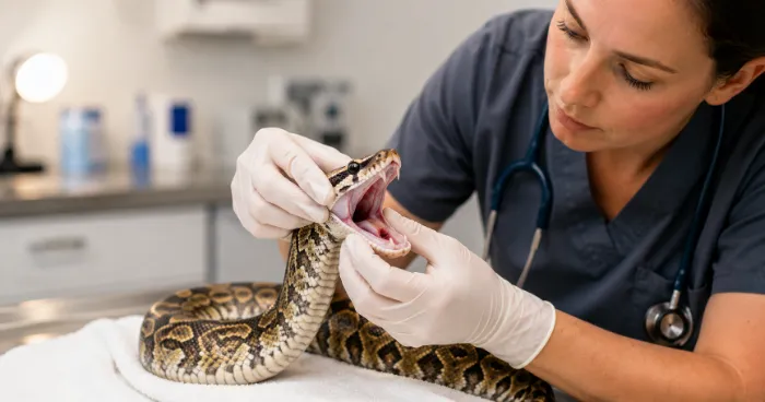 Veterinarian examining the mouth of a reptile for signs of stomatitis in a clinical setting.