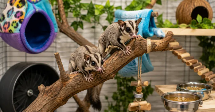 Healthy sugar gliders climbing branches inside a spacious enclosure with fleece pouches and natural enrichment.