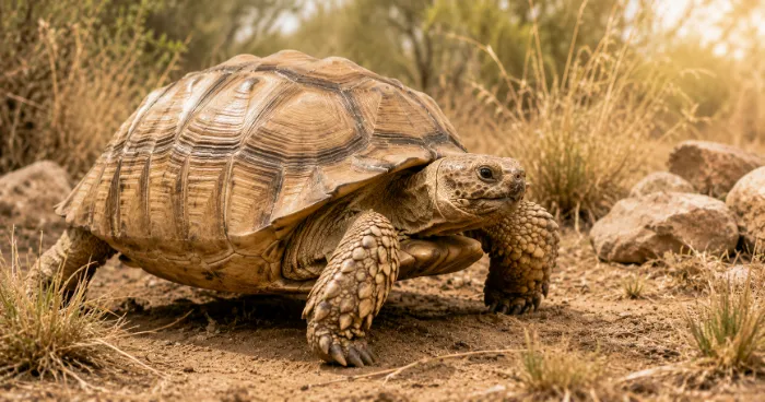 Healthy African Spurred (Sulcata) Tortoise walking through a natural dry grassland habitat.