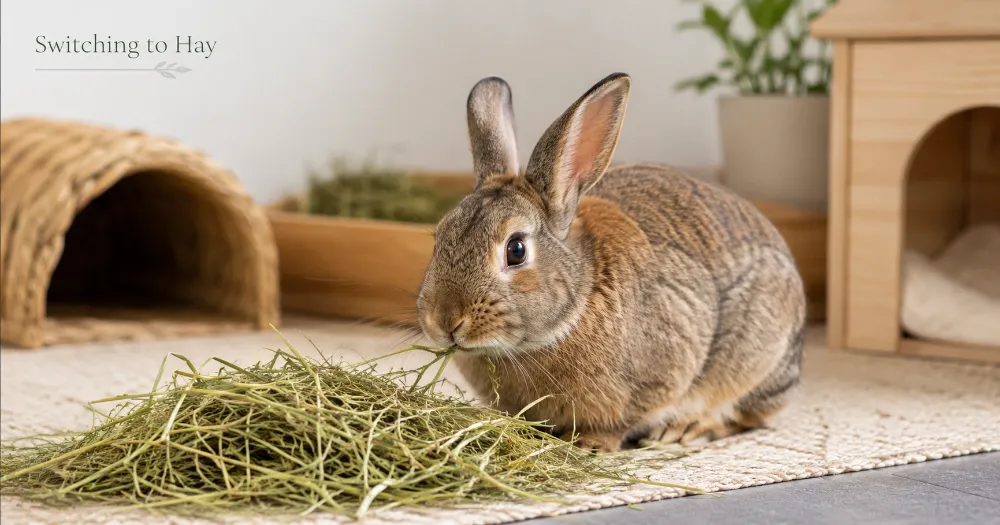 Healthy rabbit eating fresh hay in a clean indoor habitat