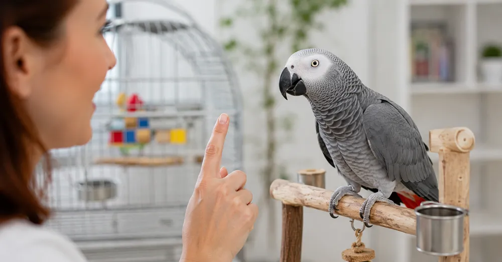 Parrot perched calmly during a bird training session in a clean home environment
